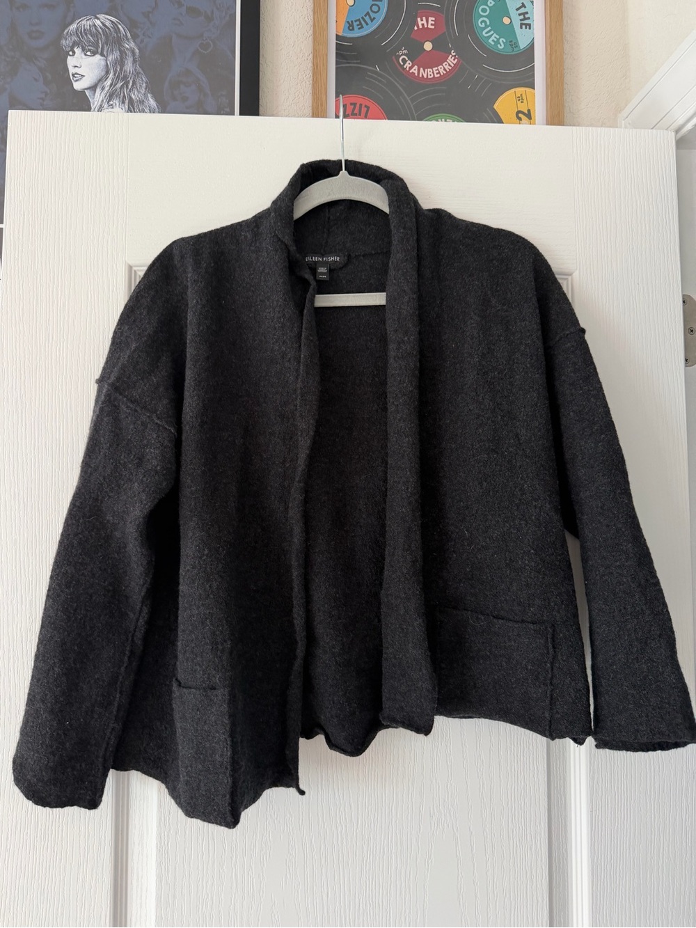 Eileen Fisher Boiled Wool Charcoal Open-Front Women's Cardigan Sweater Medium - Picture 2 of 6